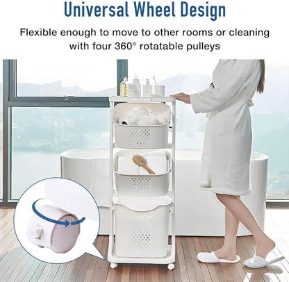 Japard 83 Litres Rolling Laundry Hamper Ultra Slim, Vertical 3 Sorter Cart with Wheels and Breaks, 3-tier Baskets Detachable for Dorm, Closet, Easy Assembly White Gray