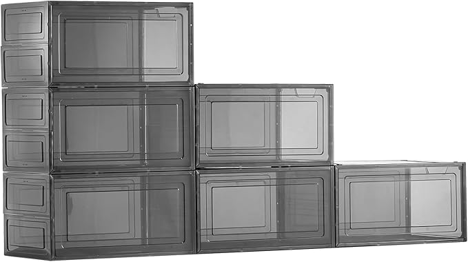 VEVOR Shoe Storage Boxes, 6 Pack Clear Stackable Shoe Boxes Storage Organizers with Magnetic Door, Fit up to US Size 13, Plastic Sneaker Containers for High Heels, Boots, and Hats, Transparent Black