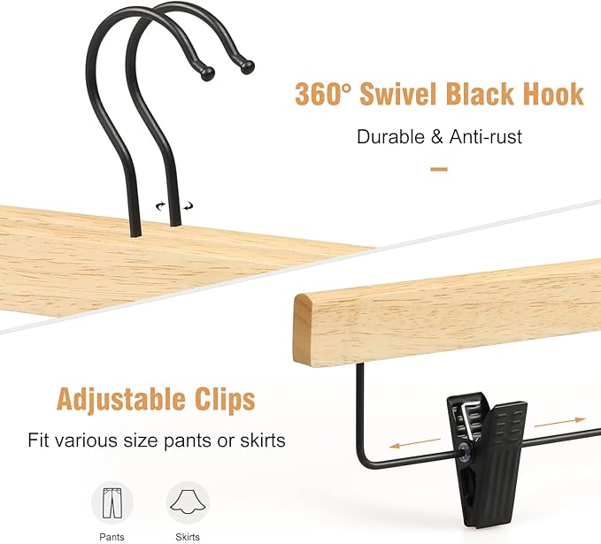 TOPIA HANGER Pants Hangers 10 Pack, Wooden Clothes Hangers with Black Clips and Rotatable Hook, Durable Natural Rubber Wood Hangers for Skirts, Pants, Jeans, Shorts - CTS02N