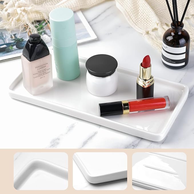 Gurygo 8" Bathroom Trays - Ceramic Vanity Tray for Bathroom - Small Ceramic Tray - Kitchen Soap Trays - Porcelain Dispenser Organizer for Kitchen Bathtub Counter (White)