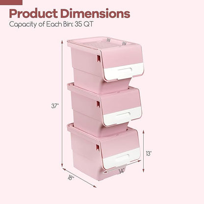 Giantex Plastic Stackable Storage Bins with Lids & Wheels, 3 Pack Open Front Stacking Bins, Organizer Bins for Pantry, Kitchen, Laundry, Closet, Playroom, Bedroom Organization (35 QT)