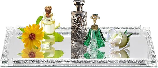 Glass Mirror Vanity Tray, 13.8" x 5.9" Crushed Diamond Silver Crystal Rectangular Perfume Makeup Display Tray, Jewelry Trinket Cupcake Holder for Home Decor Christmas Banquet Party Gift