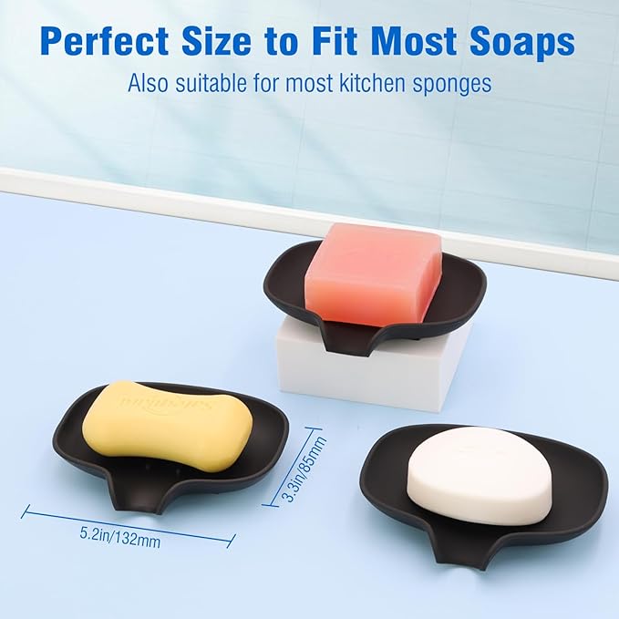 AIMAIAIMAI 3 Pack Soap Dish, Soap Dishes for Bathroom, Shower, Silicone Soap Bar Holder, Soap Tray for Kitchen, BPA-Free, Dishwasher Safe (Black)