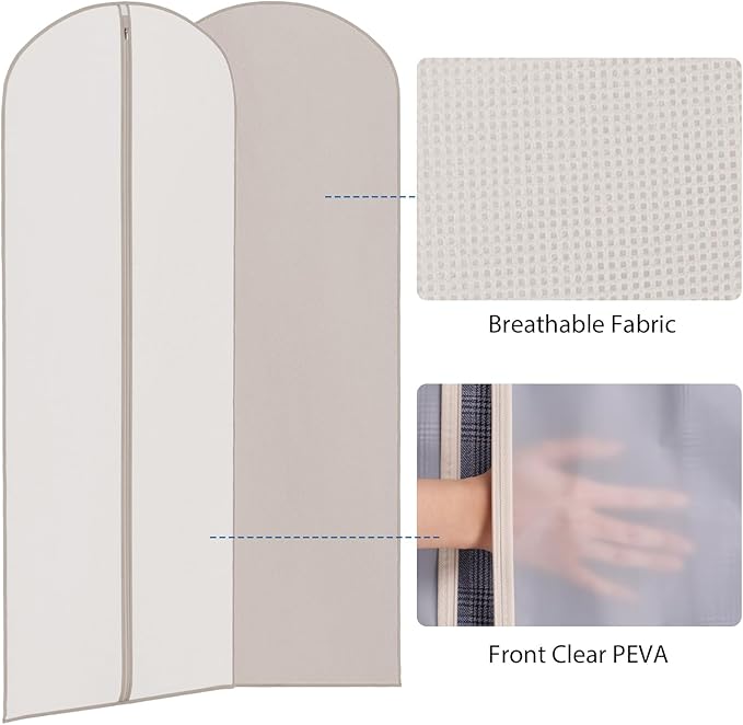 Zilink 65'' Dress Bags for Gowns Long Clear Garment Bags for Hanging Clothes Foldable Dress Covers Garment Bag for Closet Storage and Travel - Beige, 3 Pack