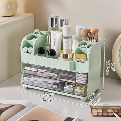 Extra Large Makeup Organizer with 2 Wide Drawers Divided Top Compartment, Spacious Cosmetic Display Case, 4 Colors Skincare Storage box for Vanity and Countertop (Green)