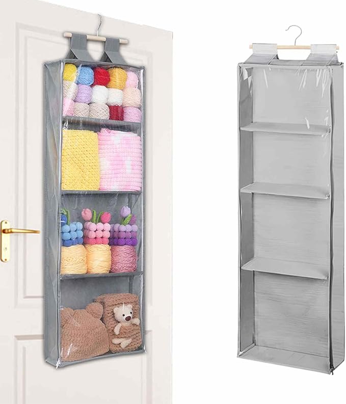 Clear Hanging Stuffed Animal Storage, Over The Door Organizer with 4 Large Pockets for Toys Shoes (Grey)