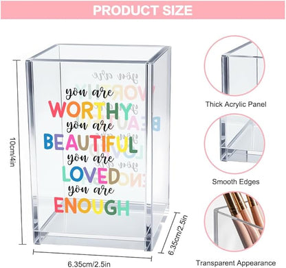 You are Worthy Beautiful Acrylic Makeup Brush Organizer Holder, Boho Motivational Vanity Desk Organizer Accessories for Bedroom Office Decor, Inspirational Gifts for Women Girls Daughter Sister