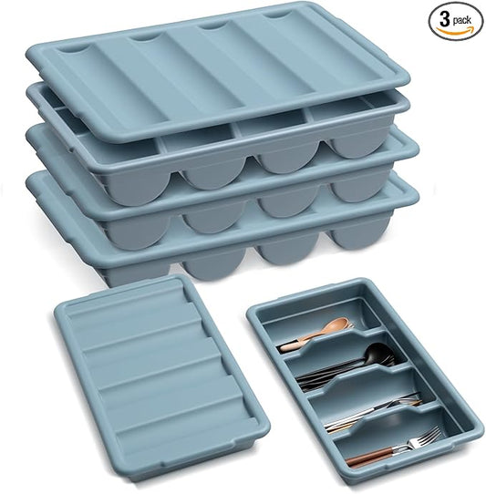 Maxdot 3 Pcs 20.5 x 11.9 x 3.7 Inch Silverware Organizer with Lid, Commercial 4-compartment Restaurant Kitchen Cutlery Tray, Plastic Silverware Storage Container, Condiments Holder (Grayish Blue)