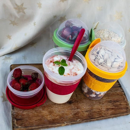 LEVKO Go Cereal Crunch Breakfast Yogurt Cups with Lids and Spoon Reusable Smoothie Oatmeal Container Snack Prep Bowl (SET OF 4 RED YELLOW GREEN WHITE)