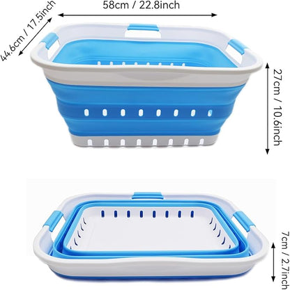 SAMMART 42L (11 gallon) Collapsible Plastic Laundry Basket - Foldable Pop Up Storage Container/Organizer - Space Saving Hamper/Basket (1, White/Marine Blue)