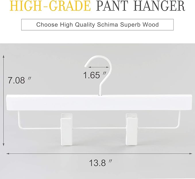 TOPIA HANGER All White Wooden Pants Hangers, Wood Skirt Hangers with Clips, Deluxe Hanger with 360° Swivel Anti-Rust Flat Hook, Smooth Finish Wood for Slacks Trousers Hanger 20 Pack -CT03W
