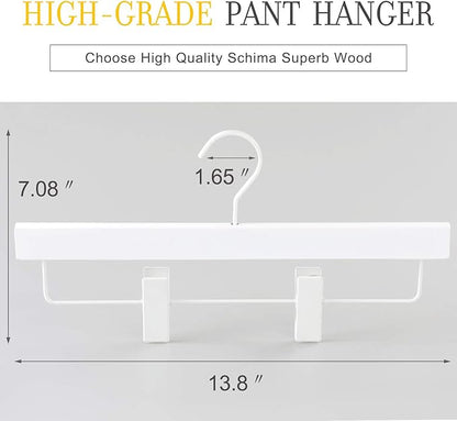 TOPIA HANGER All White Wooden Pants Hangers, Wood Skirt Hangers with Clips, Deluxe Hanger with 360° Swivel Anti-Rust Flat Hook, Smooth Finish Wood for Slacks Trousers Hanger 20 Pack -CT03W