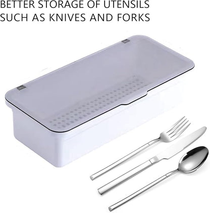 Flatware Tray with Lid and Drainer,Silverware Tray Kitchen Dinnerware Holder and Utensil Storage Container for Flatware and Silverware (White)
