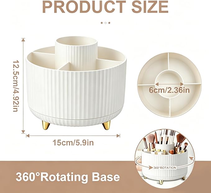 360°Rotating Makeup Brush Holder Organizer, White Countertop Cosmetic Display Case, Spinning Skincare Storage Carousel for Vanity, Desktop & Bathroom