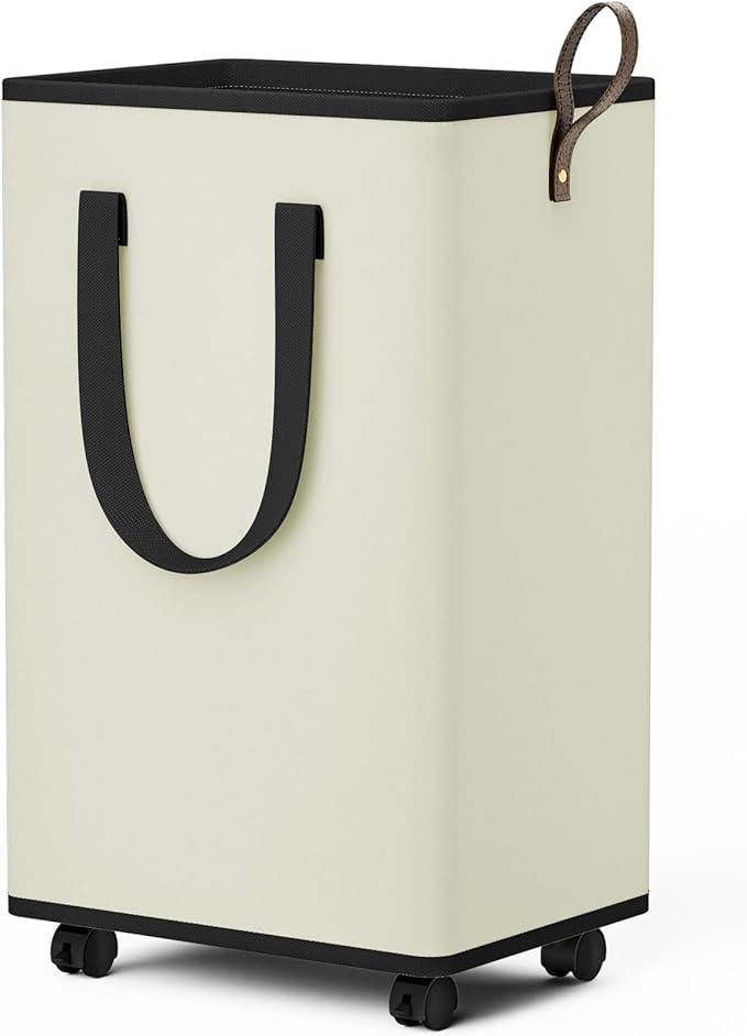 SpaceTrove Laundry Basket with Wheels, Collapsible Laundry Baskets, Laundry Hamper with Handles Detachable Wheels, Rolling Laundry Basket, Dirty Clothes Hamper for Bathroom, Dorm, Bedroom, Cream, 80L