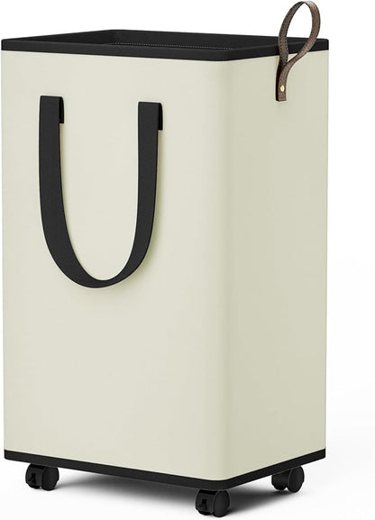 SpaceTrove Laundry Basket with Wheels, Collapsible Laundry Baskets, Laundry Hamper with Handles Detachable Wheels, Rolling Laundry Basket, Dirty Clothes Hamper for Bathroom, Dorm, Bedroom, Cream, 80L