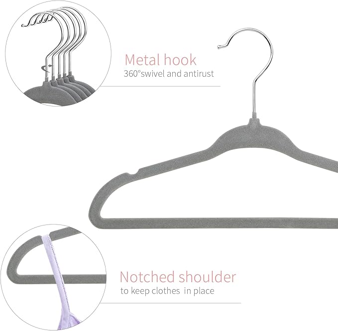 ManGotree Non-Slip Baby Velvet Clothes Hangers, Kids Coat Hangers with Swivel Hook and Notched Shoulders, Hanger for Children, Infant, Toddler Clothes 15 Pack (Grey)