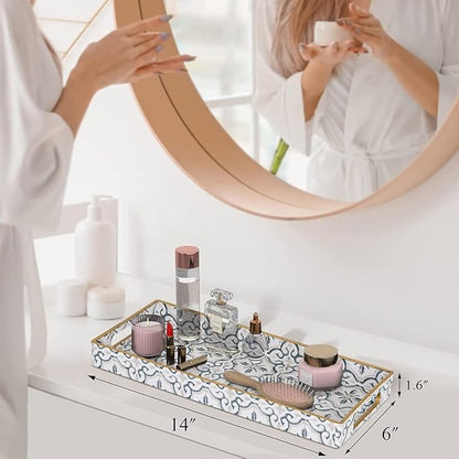 MAONAME White Vanity Tray Set of 2, Plastic Decorative Trays with Handles, Small Moroccan Bathroom Trays for Toilet Tank, Dressr Counter, 13.8" X 6" X 1.57"