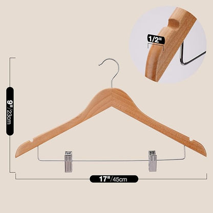 Wooden Hangers with Clips 12 PCS Pants Hangers with Clips,Smooth Solid Wooden Pants Hanger,360 Swivel Hooks & Adjustable Clips,for Jeans,Skirt,Suit,Shorts,Scarf