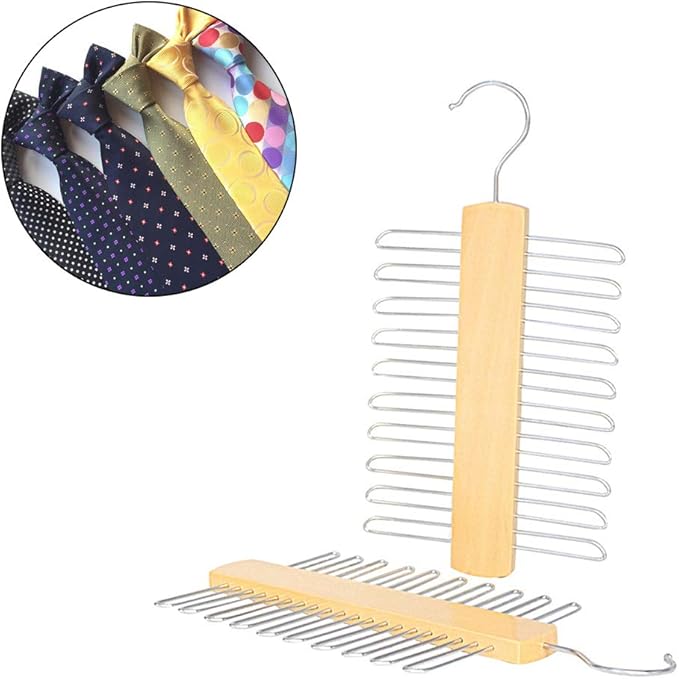 Wooden 20 Bar Tie Rack Hanger - Scarf, Belt, Accessory Organiser, White Solid Wood Tie Hanger 23x3.8x1.2cm