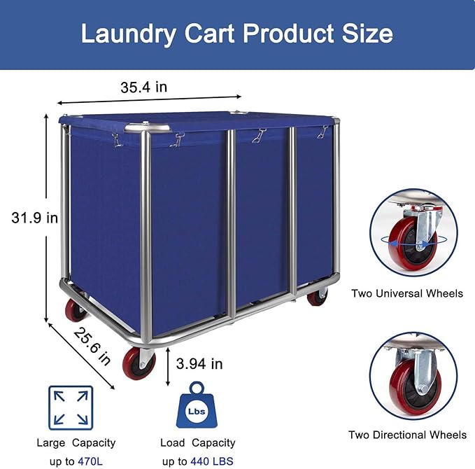 Commercial Laundry Cart with Wheels, 470L Industrial Rolling Laundry Basket, Large Heavy Duty Laundry Sorter with Watertight Oxford Bag & Sturdy Steel Frame for Home, Hotel, Hospital, 440 lbs (Blue)