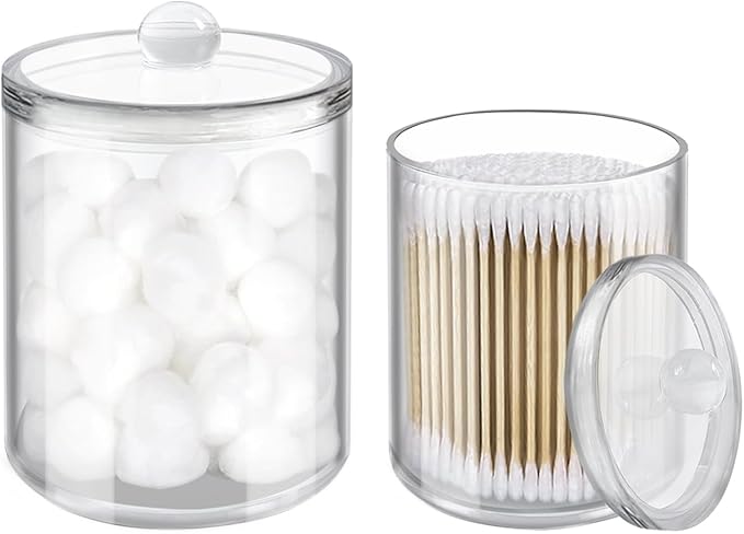 2 Pack Cotton Swab Holder, Transparent Acrylic Organizer with Lid, Clear Dispenser for Swabs, Bathroom Organizer and Storage, Home Decor, 10oz and 12oz