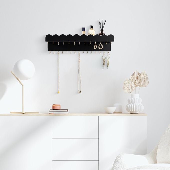 Wall Mount Jewelry Organizer with 28 Hooks and Cosmetics Shelf, Modern Wood Hanging Jewelry Holder for Necklaces, Bracelets, Earrings and Rings, Black