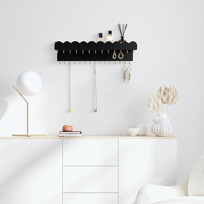 Wall Mount Jewelry Organizer with 28 Hooks and Cosmetics Shelf, Modern Wood Hanging Jewelry Holder for Necklaces, Bracelets, Earrings and Rings, Black