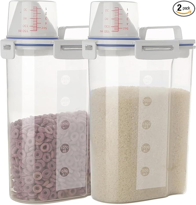 2 Pcs 5.5 LB Rice Storage Container, Airtight Cereal Flour Dispenser with Pouring Spout & Measuring Cup, Kitchen Plastic Clear Dry Food Storage Bin for Grain Oatmeal Snacks Pet Dog Food