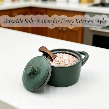 Ceramic Salt Cellar With Lid & Spoon,8oz Salt Container For Countertop,Sugar Bowl,Spice Jar(Green)