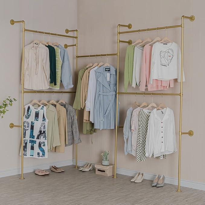 Industrial Pipe Clothing Rack Wall Mounted 5 Hanging Rods Garment Bar, Heavy Duty Closet Storage Rod Vintage Commercial Clothes Racks for Hallway Retail Boutique (Gold)