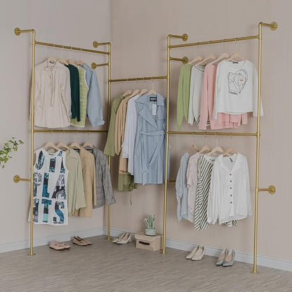 Industrial Pipe Clothing Rack Wall Mounted 5 Hanging Rods Garment Bar, Heavy Duty Closet Storage Rod Vintage Commercial Clothes Racks for Hallway Retail Boutique (Gold)