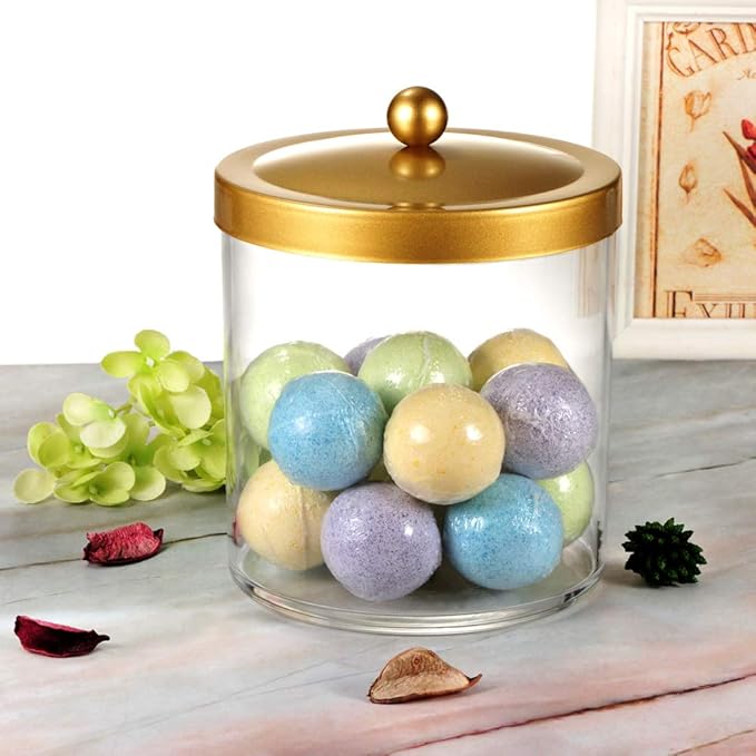 SheeChung 50 Ounce Large Clear Apothecary Jar with Gold Rust-Proof Lid - Shatterproof Plastic Storage Canister - Modern Luxury Bathroom Vanity & Laundry Room Organizer for Pods, Bath Salts