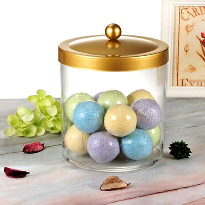 SheeChung 50 Ounce Large Clear Apothecary Jar with Gold Rust-Proof Lid - Shatterproof Plastic Storage Canister - Modern Luxury Bathroom Vanity & Laundry Room Organizer for Pods, Bath Salts
