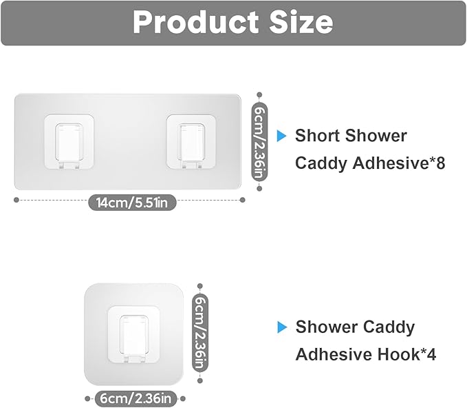 12 Pack Shower Caddy Adhesive Replacement, Waterproof Shower Shelf Adhesive Strips, Strong Adhesive Flat Hooks for Bathroom Storage Shelves and Kitchen Racks No Drilling, Clear