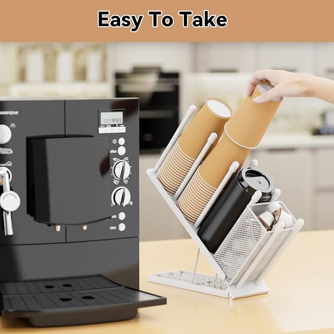 OVICAR Cup and Lid Holder - Adjustable Coffee Cup Holder Organizer 4 Compartment Disposable Paper Plastic Cup Dispenser with Straw Storage Basket for Coffee Bar Station Breakroom Countertop White