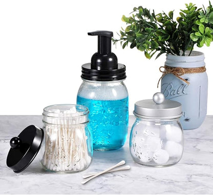 SheeChung Small Mason Jar, Glass Qtip Holder, Apothecary Jars with Lids, Bathroom Organizers and Storage, Bathroom Canister for Q-tips, Cottons, Floss, Balls, Cotton Swabs, Farmhouse Decor-Black