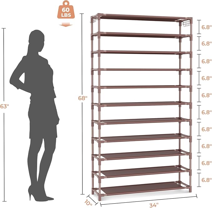VILICK 11 Tiers Tall Wide Shoe Rack 55 Pairs Large Capacity Sturdy Durable Shoe Rack for Closet Metal Shoe Organizer Shelf with Two Hooks Space Saving for Entryway Brown