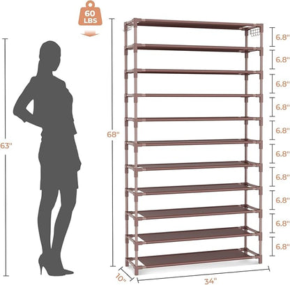 VILICK 11 Tiers Tall Wide Shoe Rack 55 Pairs Large Capacity Sturdy Durable Shoe Rack for Closet Metal Shoe Organizer Shelf with Two Hooks Space Saving for Entryway Brown