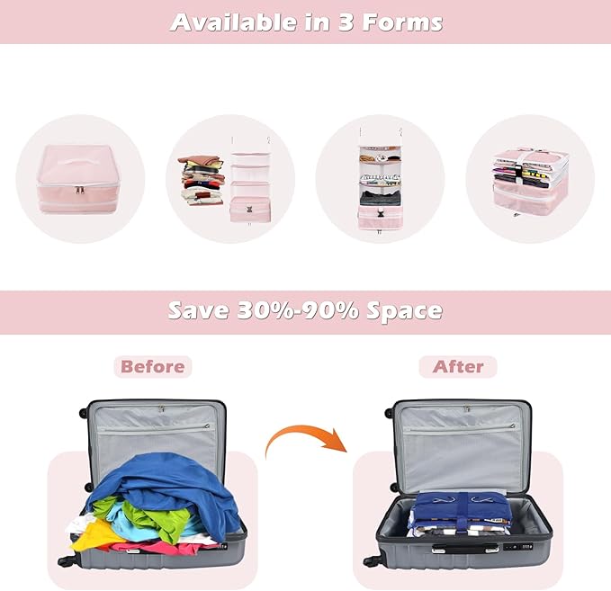 Surblue Hanging Closet Storage Bag Collapsible 3-Shelf Washable Oxford Fabric with 2 Hooks (L 11.41 * 11.41 * 19.68in, Pink)