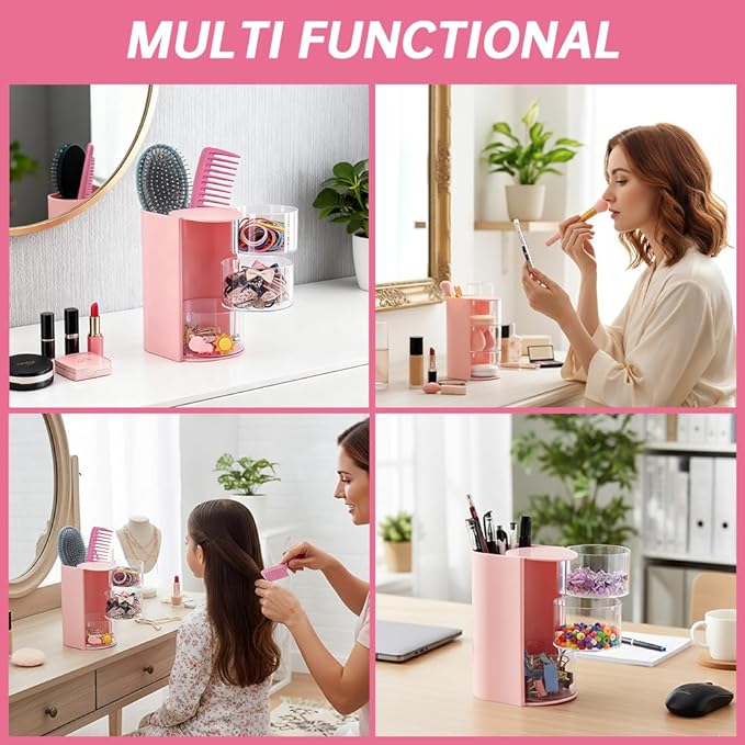 3-Layer Hair Accessories Organizer with Hair Brushes Holder,Rotatable Drawer Makeup Sponge Holder for Necklaces, Earring,Ring,Makeup Brushes,Hairs Clip ﻿