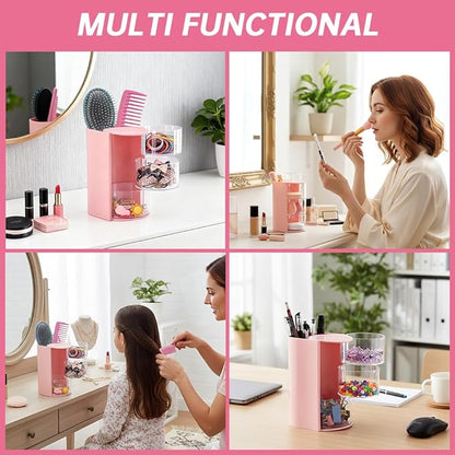 3-Layer Hair Accessories Organizer with Hair Brushes Holder,Rotatable Drawer Makeup Sponge Holder for Necklaces, Earring,Ring,Makeup Brushes,Hairs Clip ﻿