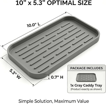 Silicone Organizer Tray, Soap and Sponge Holder for Kitchen Sink, Bathroom - Storage Tray for Dish Brush, Soap Dispenser, Dishwashing Accessories-(Gray 1 Pack, 10"x5.3")