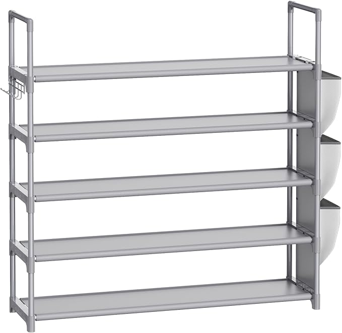 VILICK Shoe Rack for Closet Shoe Organizer Space Saver Storage for 20-25 Pair Shoe Shelf with Hook and Side Pocket Free Standing 5 Tier Shoe Rack Organizer for Entryway,Small Spaces, Grey