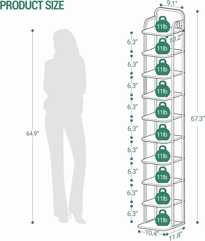 Hzuaneri Vertical Shoe Rack, Shoe Shelves, Wood Shoe Organizer for Closet, Entryway, Shoe Tower for Small Spaces, Free Standing, Adjustable, with 2 Hooks, 10 Tier Black SR11204B