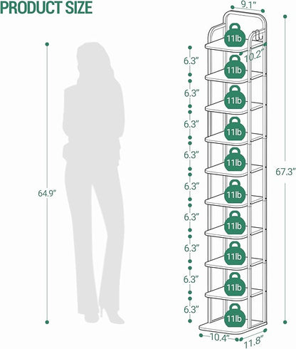 Hzuaneri 10 Tiers Vertical Shoe Rack, Narrow Shoe Tower, Tall Shoes Shelf with 2 Hooks, Adjustable Shelves, Corner Shoes Shelves for Small Spaces, Entryway, Living Room, Greige SR11205B