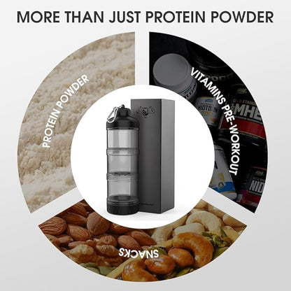 BYLWORKOUT 3 Layers Protein Travel Container with Funnel and Keychain | Cute Protein and Kitchen Storage Containers | Clear Plastic Kitchen Grade Box Organisers for Workout and Travel (Black)