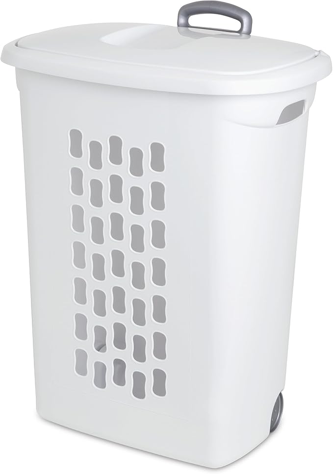 Sterilite 3-Pack Ultra Wheeled Hamper, Laundry Basket w/ Flip-Top Lid & Retractable Handle - Plastic Rolling Clothes Storage Cart with Ventilated Holes for Home, Apartment or Dorm
