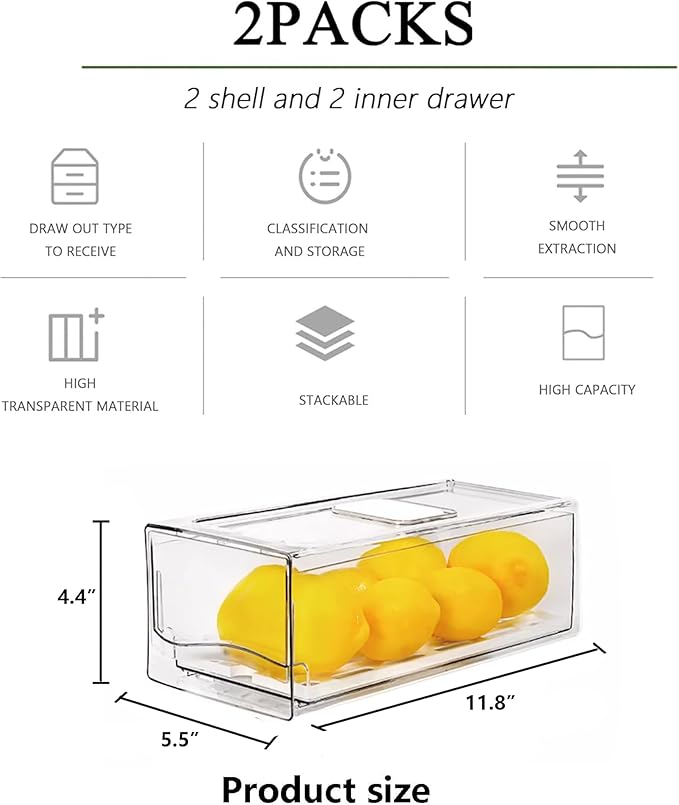 Fruit Storage Containers for Fridge with Strainer, BPA-Free Fridge Organizers and Storage, Stackable Clear Pull Out Refrigerator Organizers Drawer for Fruit,Vegetable,Produce,Berry,Food (2 Pack)