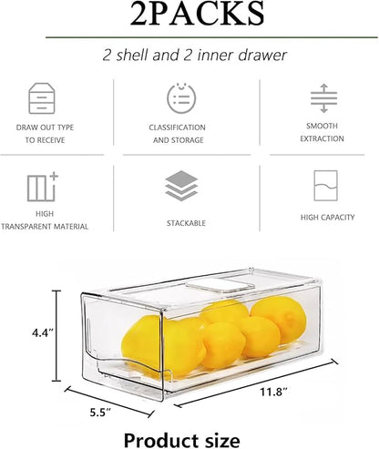 Fruit Storage Containers for Fridge with Strainer, BPA-Free Fridge Organizers and Storage, Stackable Clear Pull Out Refrigerator Organizers Drawer for Fruit,Vegetable,Produce,Berry,Food (2 Pack)
